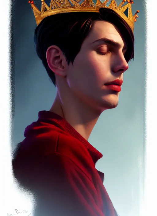 Image similar to portrait of jughead jones, wearing a crown, eyes closed, intricate, elegant, glowing lights, highly detailed, digital painting, artstation, concept art, smooth, sharp focus, illustration, art by wlop, mars ravelo and greg rutkowski