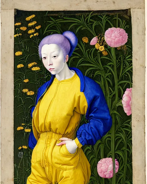 Image similar to portrait of a woman with blue hair buns, wearing a yellow jacket and baggy jeans, standing in a garden full of plants and flowers, intricate details, high detail, in the style of rogier van der weyden and jacopo da pontormo, punk, asian art,