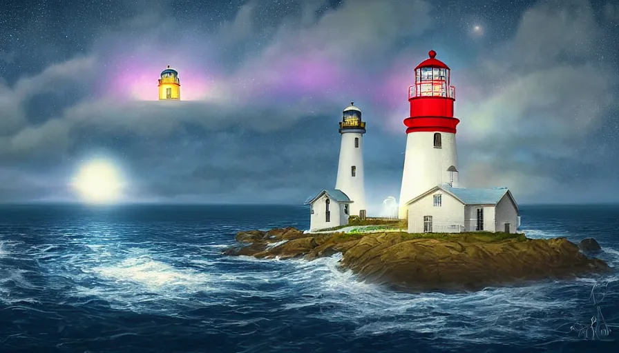 Image similar to a ufo hovers over a lighthouse out at sea, digital art, highly detailed, realistic, bright colors, 8 k