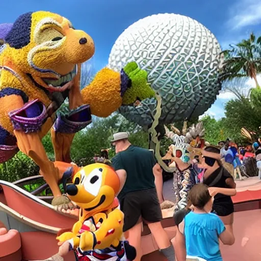 Prompt: photograph of danhausen on small world ride at epcot,