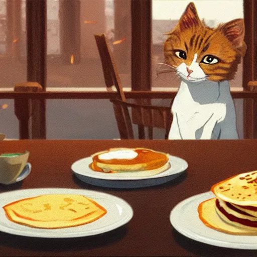 Prompt: concept art painting of a cat eating pancakes, realistic, detailed, cel shaded, in the style of makoto shinkai and greg rutkowski and james gurney