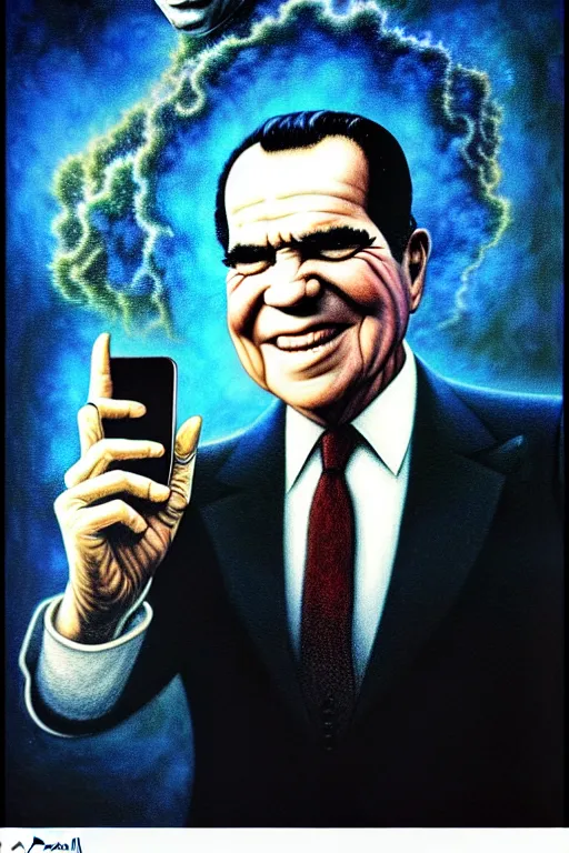 Image similar to Richard Nixon, tarot card, by tomasz alen kopera and Justin Gerard, expensive suit, big smile, cell phone, piercing eyes, symmetrical features, ominous, magical realism, texture, intricate, ornate, royally decorated, whirling blue smoke, embers, radiant colors, fantasy, trending on artstation, volumetric lighting, micro details, 3d sculpture, ray tracing, 8k, anaglyph effect