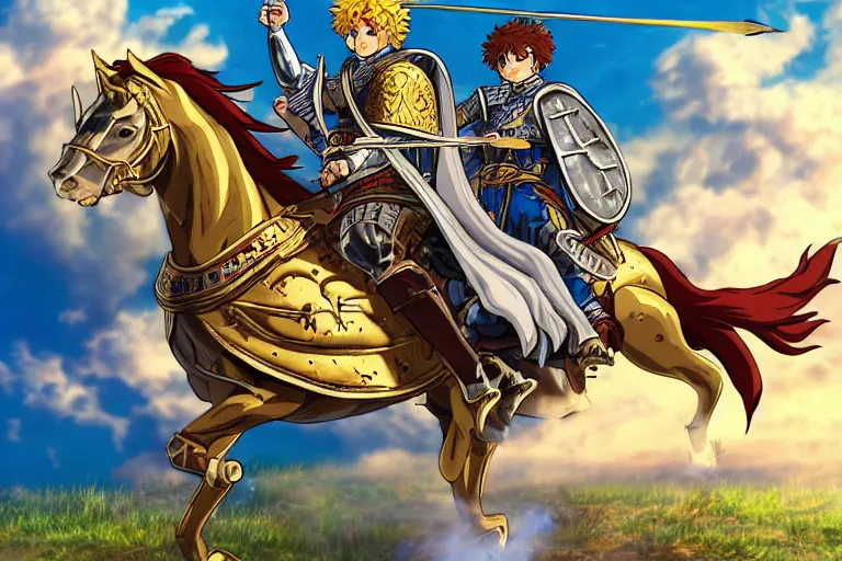 Image similar to an ultra detailed portrait of king richard the lionhearted as a shonen anime protagonist attacking riding a horse in gold armor, 8 k, volumetric lighting, in the style of disney, art by kentaro miura and akira toriyama