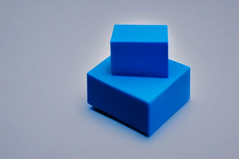 Image similar to single blue cube on white studio floor, soft light, 3 5 mm