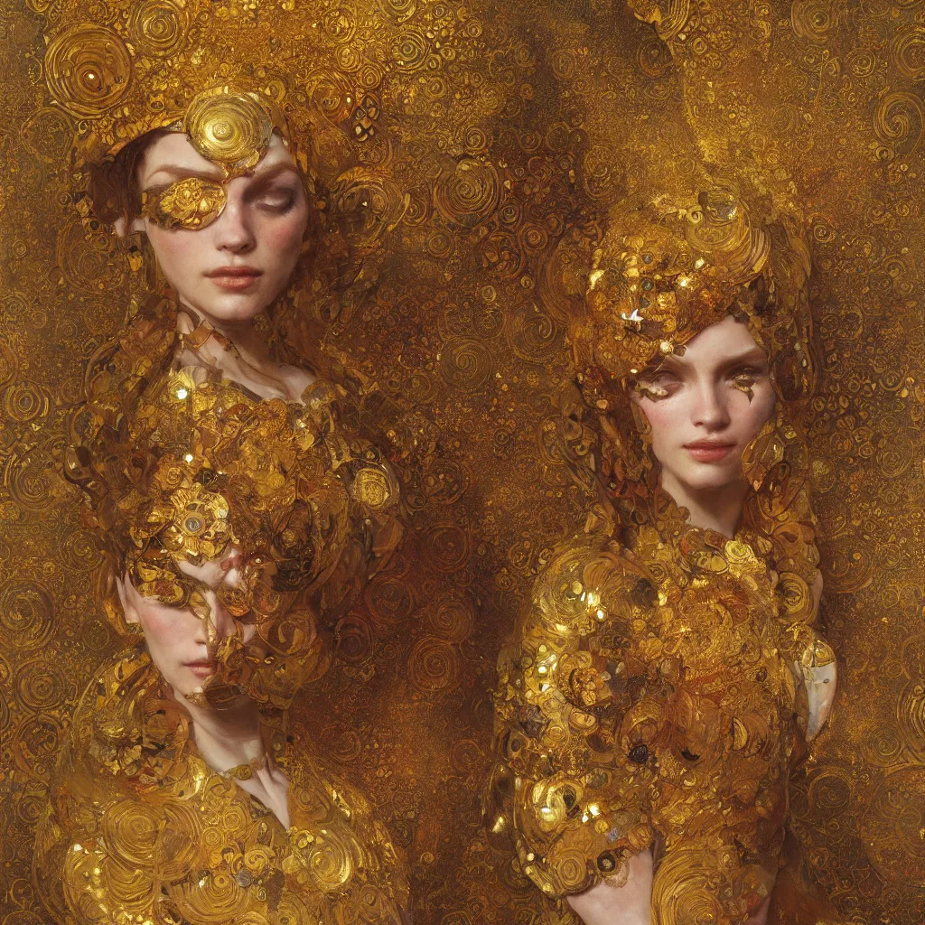 Image similar to seamless intricate klimt golden motives and textures pattern, hyper detailed, ornamental gold headpiece, octane render, vivid colors, artstation, by jeremy mann, by alphonse mucha, by klimt