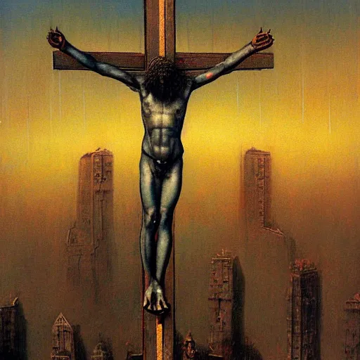 Image similar to the crucifixion of jesus in times square, beksinski style painting, very detailed