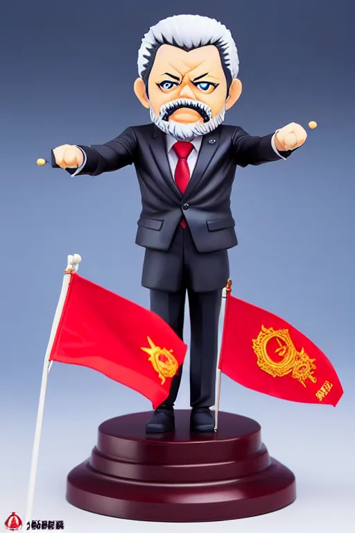 Image similar to still high quality figurine of president lula with a red flag, tsurime eyes, tareme eyes, personification, dynamic pose, detailed product photo, featured on amiami, tone mapped, beautiful composition, 8 5 mm, f. 1 4