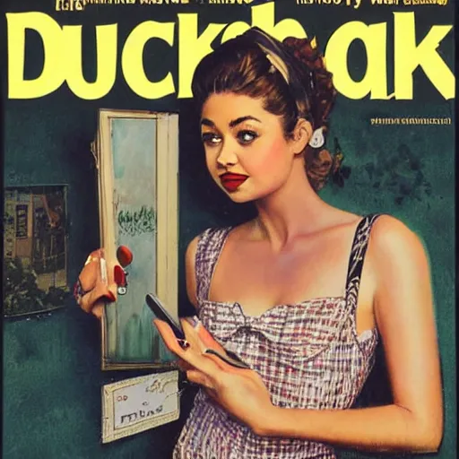 Image similar to sarah hyland making a duckface selfie, art by norman rockwell