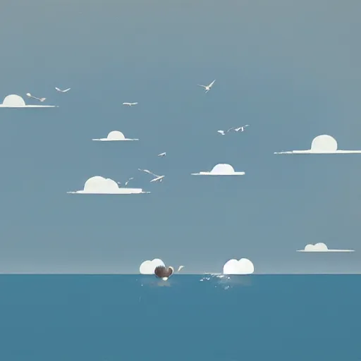 Image similar to Sky full of fluffy clouds with a family of seagulls trying to fish in the sea, ilustration art by Goro Fujita