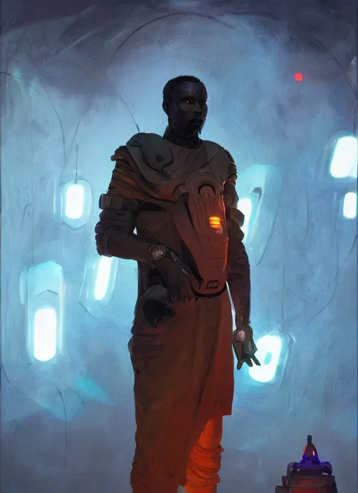 Image similar to a full body sci - fi portrait, oil painting, illustration of an old african jedi, techwear, colourful, glowing lights!! by justin sweet and greg rutkowski and alphones much
