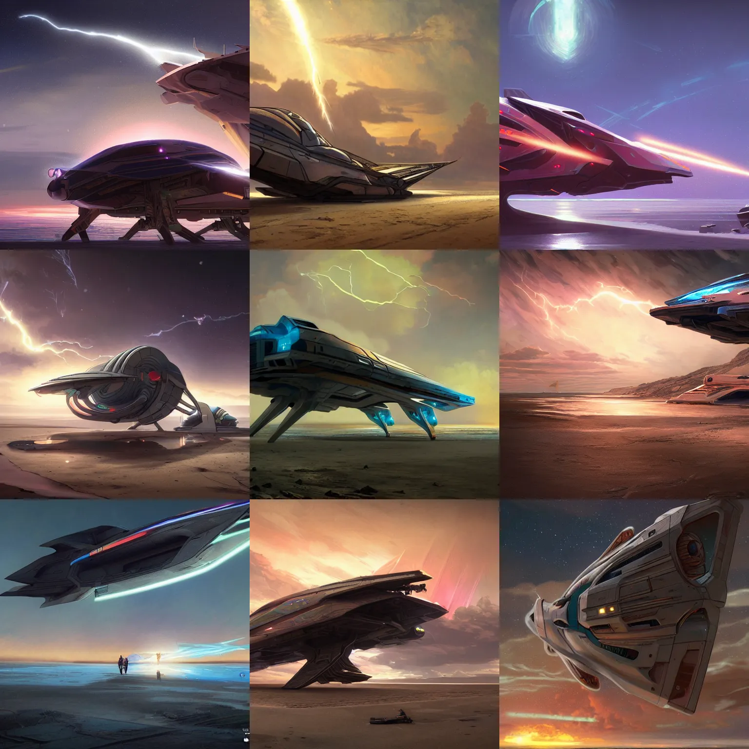 Prompt: Sci-fi spaceship parked on an empty beach, at dusk, realistic detailed digital art by Maxwell Boas, Greg Rutkowski and Alphonse Mucha. Colorful, trending on Artstation, 4k, epic, cinematic lightning