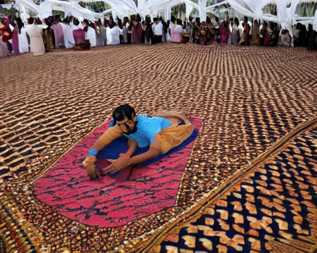 Prompt: a brown man floating on a magical carpet ride. there are 10,100 adoring wives awaiting his landing.