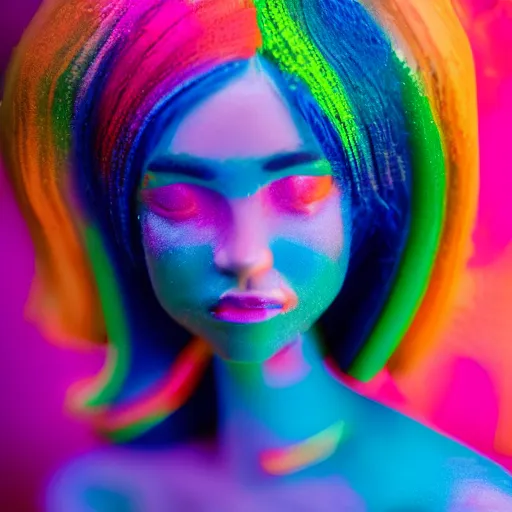 Image similar to a beautiful female made out of plastic, full body, colourful background, 5 0 mm lens, f 1. 4, sharp focus, ethereal, emotionally evoking, head in focus, volumetric lighting, 8 k