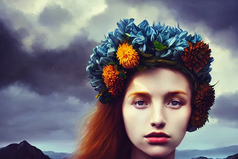 Image similar to giant dahlia flower crown under head, portrait girl on mountain, surreal photography, blue storm clouds, dramatic light, impressionist painting, digital painting, artstation, simon stalenhag