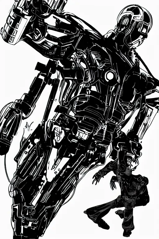 Image similar to ultron, a page from cyberpunk 2 0 2 0, style of paolo parente, style of mike jackson, 1 9 9 0 s comic book style, white background, ink drawing, black and white