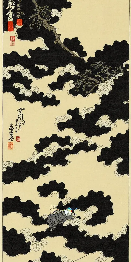 Image similar to chinese meticulous painting, black ink painting, illustration by katsushika hokusai, japanese ukiyo - e