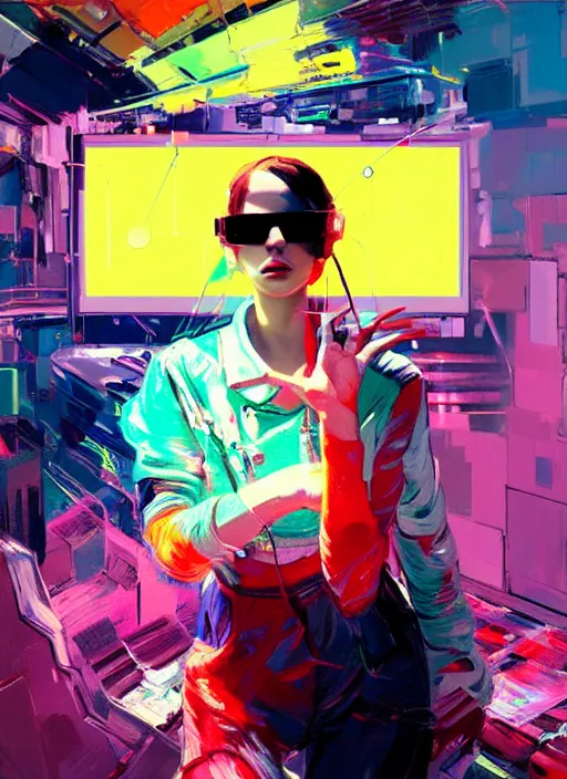 Prompt: an angelic female hacker in vast cyberspace glitching through a vulnerable server, wearing sunglasses, futuristic clothes, vibrant colors, rule of thirds, spotlight, drips of paint, expressive, passionate, by greg rutkowski, by jeremy mann, by francoise nielly, by van gogh, digital painting