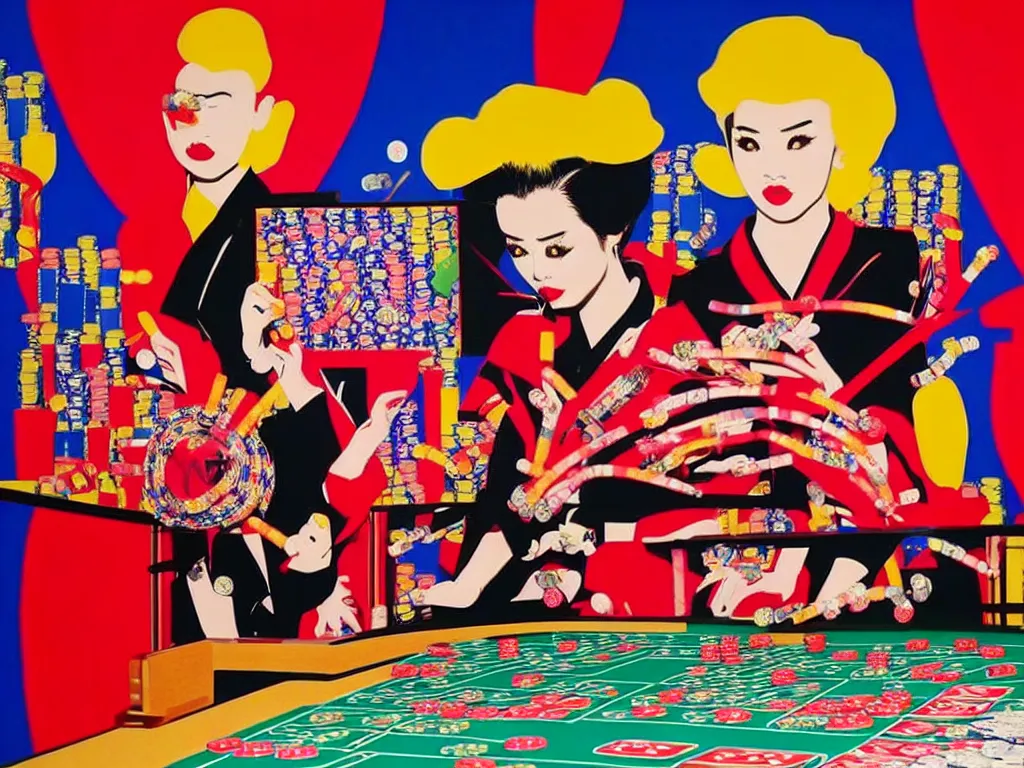 Image similar to hyper - realistic composition of a room in a casino with an extremely detailed poker table, croupier in traditional japanese kimono standing nearby fireworks in the background, pop art style, jackie tsai style, andy warhol style, acrylic on canvas