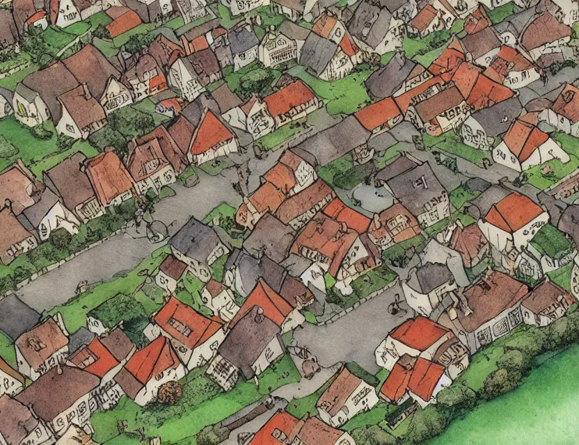 Image similar to a typical dutch village, isometric aerial view, whimsical watercolor illustration by anton pieck, very detailed, high resolution, ambient lighting