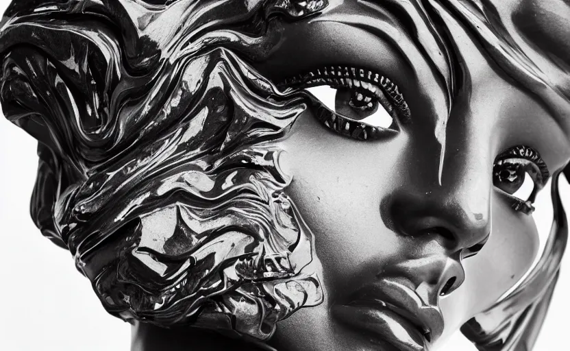 Image similar to close up portrait of extremely beautiful female black marble statue in the style of virgil abloh, colorful motocross logos behind her, sharp focus, clear, detailed,, cinematic, detailed, off white, glamourous, symmetrical, vogue, editorial, fashion, magazine shoot, glossy