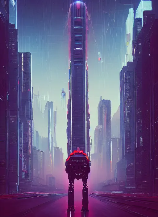 Image similar to a painting of a giant robot standing in front of a city, cyberpunk art by beeple art by james jean, behance contest winner, nuclear art, dystopian art, apocalypse art, sci - fi