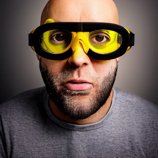 Image similar to portrait photo of a yellow skinned bald wrinkly man with stubble wearing thick round goggles and big hazel eyes, he looks like a human minion hybrid, moody lighting, realistic facial features, hyper detailed, crisp image, leica, 2 4 mm lens