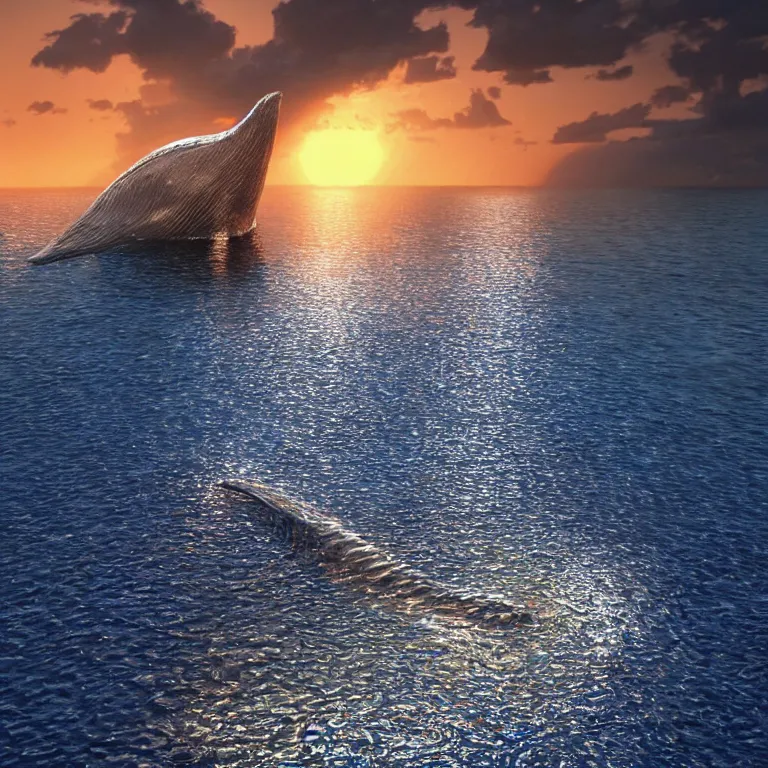 Image similar to octane render portrait by wayne barlow and carlo crivelli and glenn fabry, a blue whale made out of shiny reflective liquid metal swimming through beautiful sunset clouds, cinema 4 d, ray traced lighting, very short depth of field, bokeh