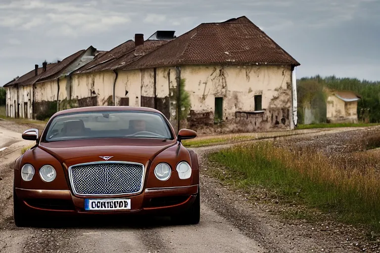 Image similar to modern rusty rusty Bentley Continental GT drives along the road of an old Russian village with houses at the edges