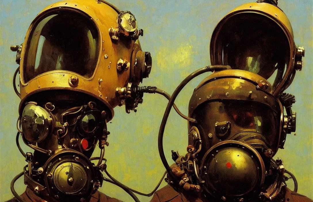 Image similar to portrait of deep sea diver helmet!!!!!!!!!!!!!!!!!!!!!!!!!!!, detailed face, detailed painting, epic lighting, by ilya repin, phil hale and kent williams