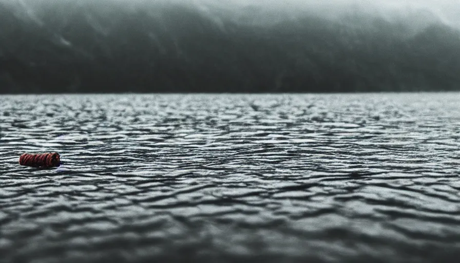 Image similar to photo of a rope on the surface of water, in the middle of a lake, overcast day, rocky foreground, 2 4 mm leica anamorphic lens, moody scene, stunning composition, hyper detailed, color kodak film stock