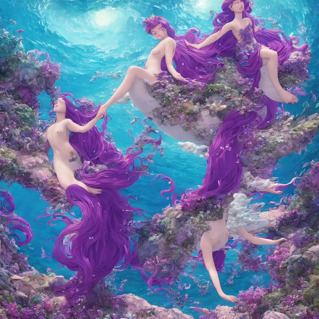 Image similar to a little mermaid in a purple dress singing in the colorful ocean, correct human body and perspective, pearls and shells, fantasy art by ferdinand knab, makoto shinkai and ilya kuvshinov, rossdraws, tom bagshaw, trending onstudio ghibli, radiant light, highly detailed, octane render, 8 k