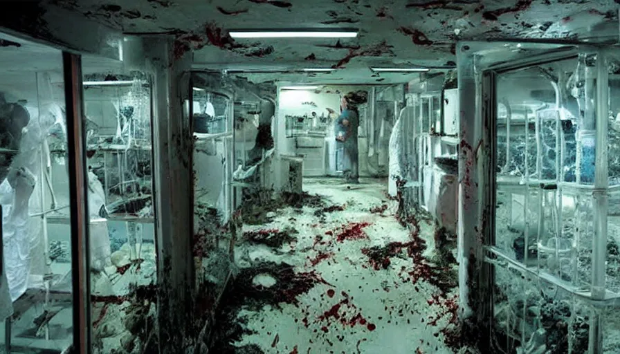 Prompt: Big budget horror movie set in an undersea biolab, the walls are splattered with blood