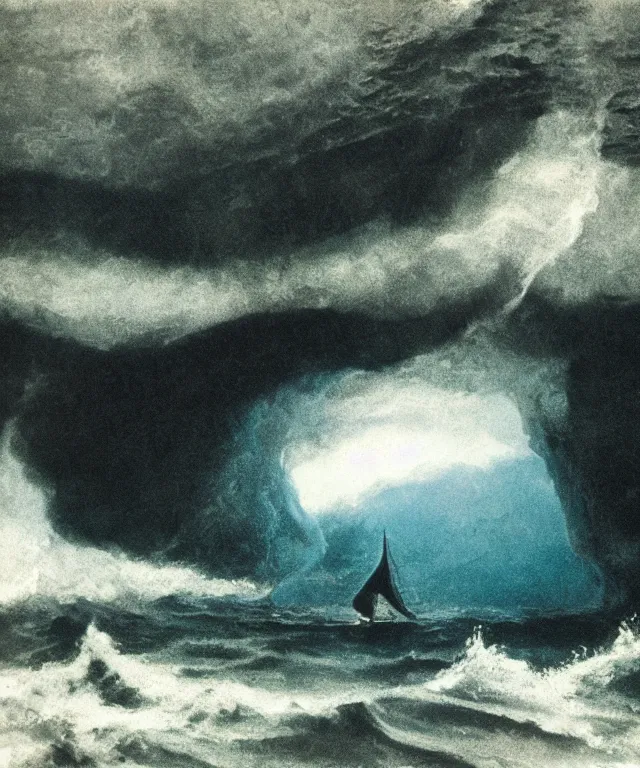 Image similar to color photo of a 1 9 2 5 seiner sailing with the jamaican shoreline with the mouth of a sea cave at the waterline, dark, brooding, atmospheric, seascape, lovecraft, horror, smooth, epic, highly detailed, cinematic, annie lebowitz