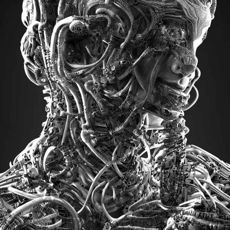 Image similar to surreal biomechanical spinal ribbed tribal exotic organic man face portrait of mechanical cyborg, beautiful detailed intricate insanely detailed BW 3D render digital art, octane render, 8K artistic photography, photorealistic