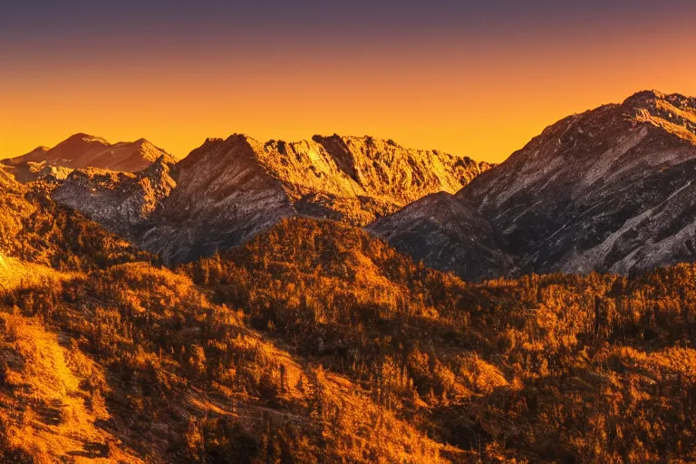 Prompt: a movie still of a mountain landscape at sunset, golden hour