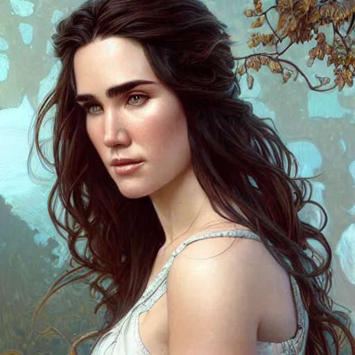 Image similar to ultra realistic illustration, jennifer connelly, intricate, elegant, highly detailed, digital painting, artstation, smooth, sharp focus, art by artgerm and greg rutkowski and alphonse mucha