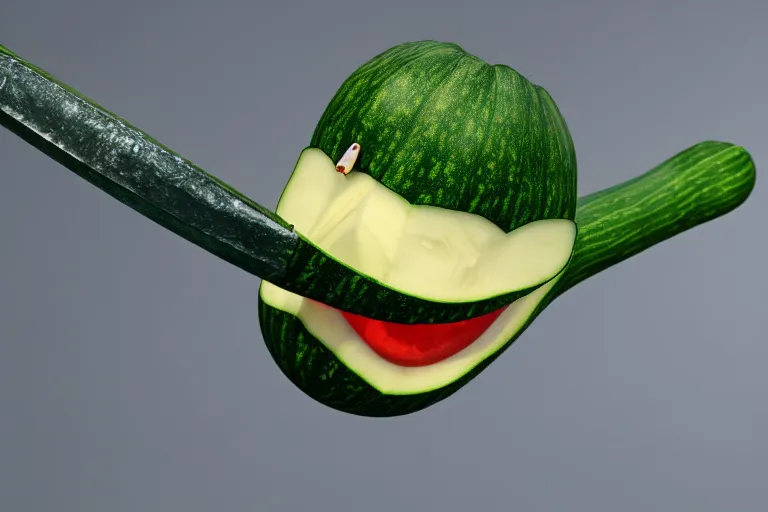 Image similar to detailed 3 d render of a mad zucchini with a long sword running down a dirt road chasing after a panicking tomato, hyper realistic octane render, dramatic lighting, high speed chase, wide angle, nightmare, surrealism