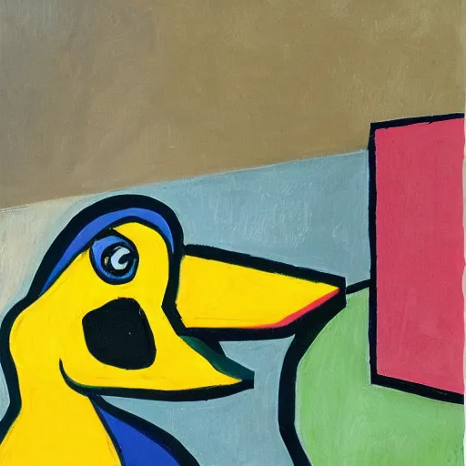 Image similar to a realistic duck walked up to the cubist lemonade stand