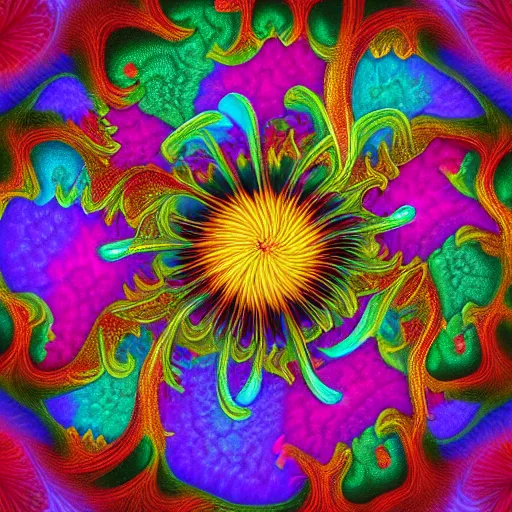 Image similar to a brightly colored ultra - realistic and very detailed painting of organic flowers constructed from elaborate fractals ; high resolution, 4 k, mandelbrot set, chaos, fractal, math, deviantart, photo - realistic
