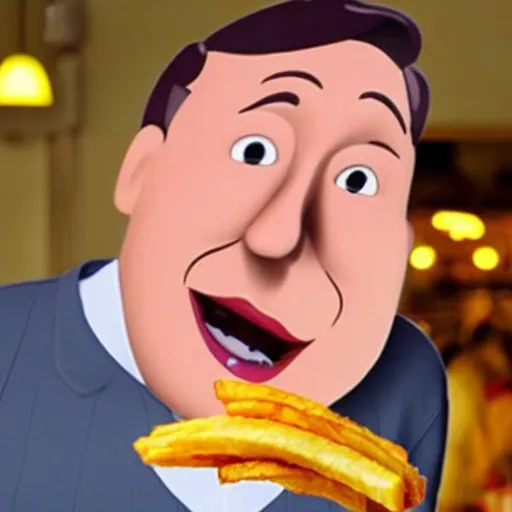 Image similar to photo of [ a single french fry chip ] shaped into stephen fry as a pixar character hybrid intercross mix cinematic lighting