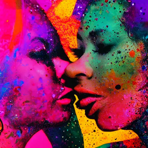 Image similar to double exposure of two women kissing ( closeup ) and a psychedelic painting, lomography. this photograph is subsequently printed out and splattered with paint. mixed media collage art with magazines and found art