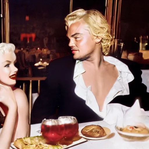 Prompt: leonardo dicaprio and marilyn monroe at a paris restaurant in 2 0 2 2, hyper realistic, ultra detailed, 8 k, cinematic