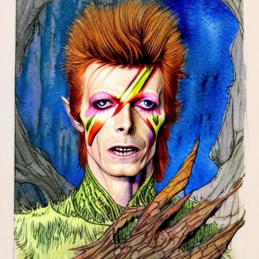 Image similar to a realistic and atmospheric watercolour fantasy character concept art portrait of david bowie as a druidic warrior wizard looking at the camera with an intelligent gaze by rebecca guay, michael kaluta, charles vess and jean moebius giraud