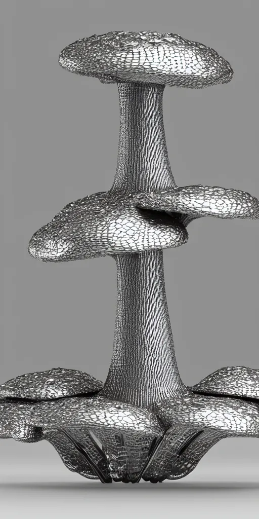 Image similar to 3 d photographic render of a psylo mushroom sculpture made of chrome, neon circles, chrometype, made of liquid metal, neotribal with thorns and thunders, raytracing, hyper realistic, volumetric lightning, 8 k, by zhelong xu and ouchh studio