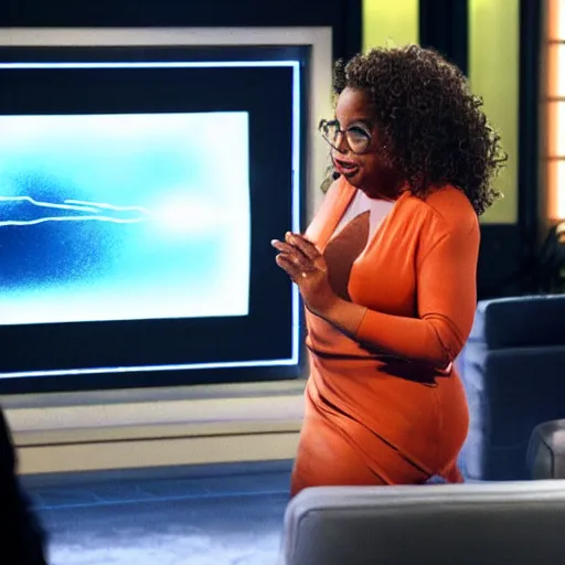 Image similar to Tom Cruise shooting lightning at Oprah on her tv show