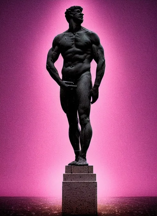 Image similar to statue of hercules, beeple, vaporwave, retrowave, tonal separation, black background, neon, black, glitch, pixel sorting, strong contrast, pinterest, trending on artstation