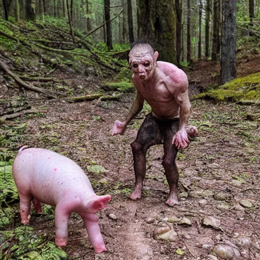 Image similar to gollum with body of a pig, rainy forest , trail cam