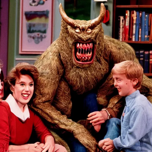 Image similar to vintage 1 9 9 0's sitcom photo, a happy photogenic family and a large giant evil demonic horrifying angry detailed monstrous demon creature inside a 1 9 8 0's sitcom living room