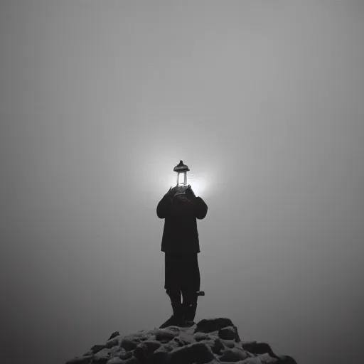 Image similar to a man holds a lantern, snowstorm, alien landscape, foggy, cold, view from the distance, black and white vintage photo