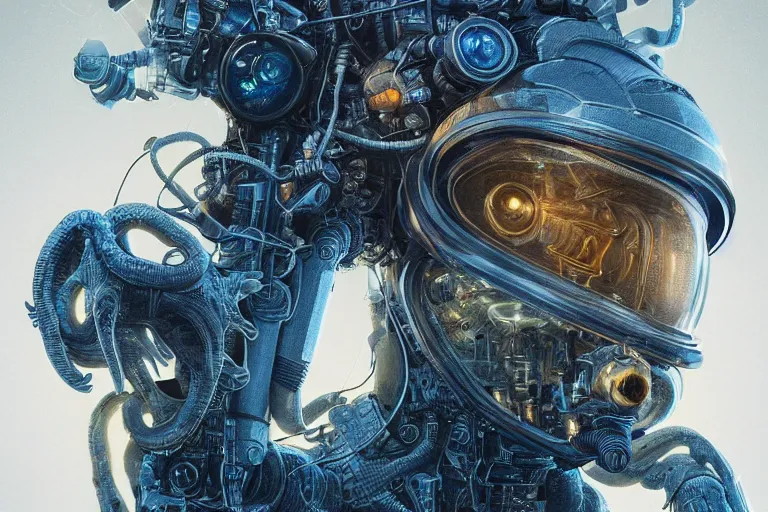 Image similar to hyperrealistic portrait of a squid monster astronaut, full body portrait, well lit, intricate abstract. cyberpunk, intricate artwork, by Tooth Wu, wlop, beeple. octane render,in the style of Jin Kagetsu, James Jean and wlop, highly detailed, sharp focus, intricate concept art, digital painting, ambient lighting, 4k, artstation